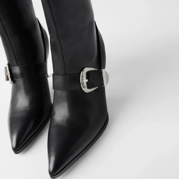 ZARA Cowboy Buckle Black Leather Pointed Toe Slip On Heel Boots Sz 7.5US - Picture 2 of 15